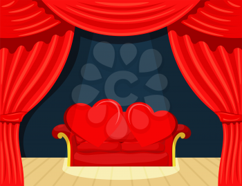 Picture Cartoon Theater with red backstage spotlight and red hearts on the couch. Vector 
Cartoon Illustration. The concept of Valentine's Day