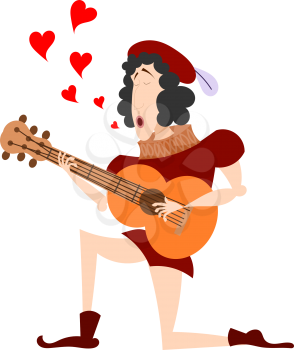 Color image of a medieval guitar on one knee. The singer with a guitar serenade. Symbol 
of love, Valentine's Day. Stock vector illustration