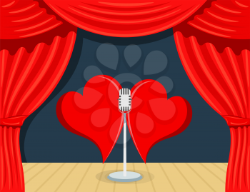 Abstract Cartoon Theater with red backstage, singing microphone and two hearts. The 
concept of Valentine's Day. Stock vector illustration