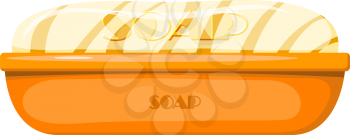 Vector image of yellow soap and soap dish on a white background. Cartoon color of soap on a white background. Object of hygiene and body care