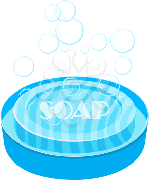 Vector image of blue soap and soap dish on a white background. Cartoon color soap on a white background. Object of hygiene and body care