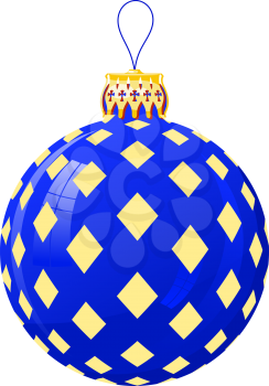 Vector illustration of a blue  Christmas ball with rhombus on a white background. Isolated Christmas decoration. Christmas 
ball with golden top