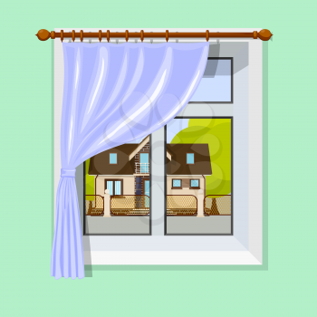 Vector illustration of interior with a window curtain and scenery with a small rural house and 
trees