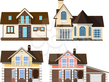 Set Cartoon beautiful small cozy rural houses on a white background. Vector illustration