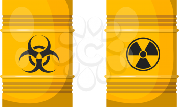 Vector illustration of two yellow metal barrels with black signs of radiation and bacteriological 
danger on the side. Isolated object. Bright yellow barrels with dangerous content