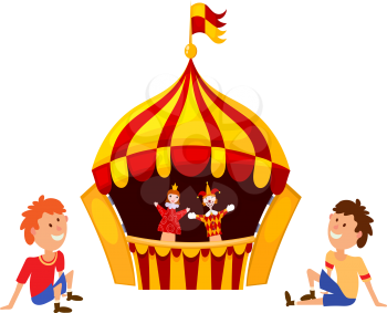 Bright a puppet theater on a white background. Vector illustration of a puppet theater with 
open scenes, dolls and small spectators. Cartoon style. Stock vector