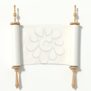 Scroll to the white paper on the wooden roller, isolated on white background. 3d rendering. 
