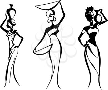 Silhouettes of the Greek and African women, isolated on white background. Women with pitchers and plates on their heads. Vector illustration.