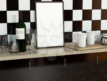 Vintage Kitchen interior with wine bottle, glasses and empty frame. 3D Mock up of 
traditional cuisine
