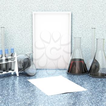 Mockup with chemical vessels and flasks on a marble table and frame with a clean 
canvas. 3d illustration