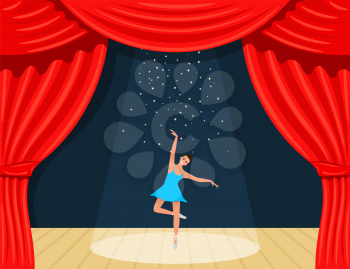 Cartoon theater. A theatrical curtain with searchlights of rays, stars and a ballerina. 
Young dancing ballerina on stage. Vector illustration