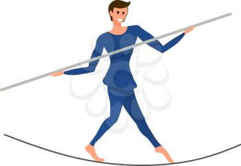Circus artist on a tightly stretched rope with a pole in his hands. Boy is a balancer under the circus dome. Vector illustration
