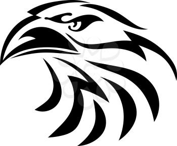Black graphic drawing of an eagle head on a white background. Abstract bird with a beak. Vector illustration