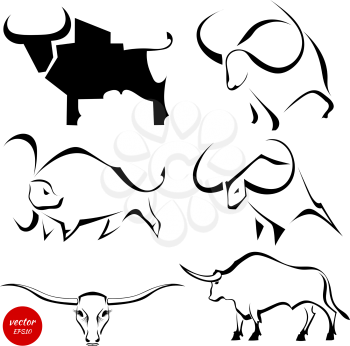 Set of black images of wild bulls. Abstract stylized buffalo on a white background. Vector illustration