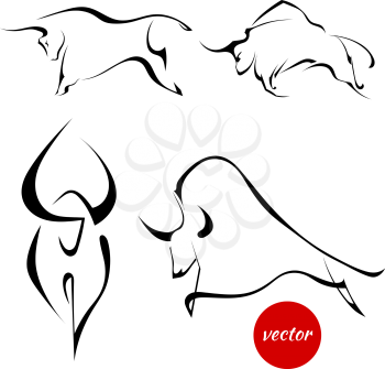 Set of black images of bulls. Abstract stylized buffalo on a white background. Vector illustration