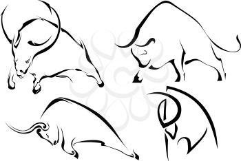 Set of black abstract images of wild bulls. Buffalo on a white background. Vector illustration