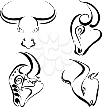 Set of  black images of head wild bulls. Buffalo on a white background. Vector illustration