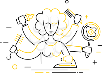 Linear icon of an abstract woman with lots of hands. The concept of homework. Vector 
illustration