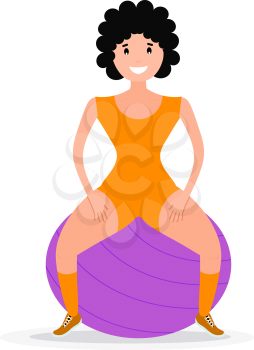 Flat style Sitting girl athlete with fitness ball. Color image of training young girl with fitball on white background. Vector illustration