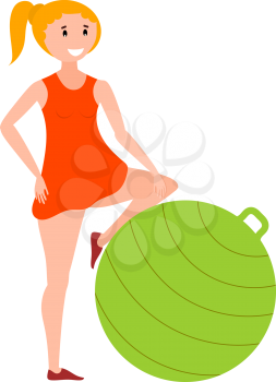 Flat style girl athlete with green fitness ball. Color image of training young girl with 
fitball on white background. Vector illustration