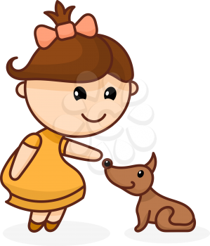 Abstract color image of a cute little girl with a bow and a dog. Cartoon girl with dog on white background. Vector illustration