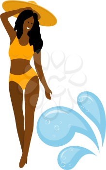 Abstract color image of a young beautiful girl in a hat on the beach. Flat simple figure of a girl and waves. Vector illustration