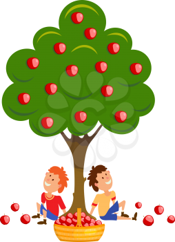 Two boys with a basket of apples. A colored cartoon illustration of apple, boys, basket with apples. Harvesting. Vector illustration