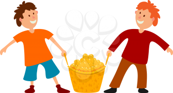 Two boys with a basket of apples. Harvesting. Vector illustration