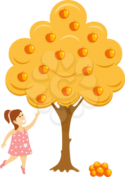 Girl near the apple tree. Abstract illustration of a little girl in a dress picking apples near 
an apple tree. Vector illustration