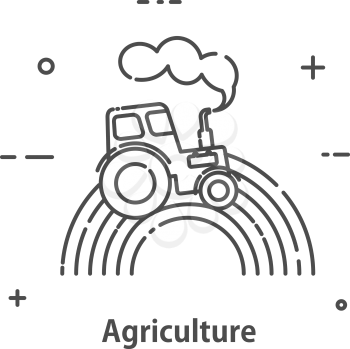 The tractor processes the field. Line icon isolated on white background. Vector illustration.