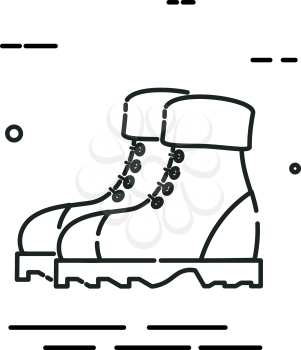 Men's hiking boots in a linear style. Line icon isolated on white background. Vector illustration.