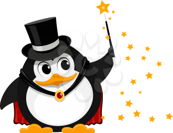 Young penguin magician. Cartoon image of a small funny penguin magician on stage with a magic wand. Young wizard at the concert. Vector illustration