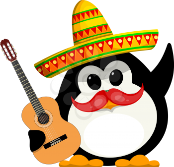 Penguin with a guitar and a sombrero. Cartoon color image of a young funny little penguin in Mexican style. Children's costume of carnival. Vector illustration