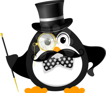 Gentleman with a bowler hat, with a cane, with a monocle and a bow tie, on a white background. Young little penguin is a gentleman. Vector illustration