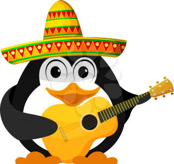 Penguin with a guitar and a sombrero. Cartoon image of a young funny little penguin in Mexican style. Vector illustration