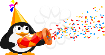 Colorful Popper and penguin on a white background. Cardboard popper - the concept of fun and celebration.  Confetti and popper on a white background, isolate. Vector illustration. 