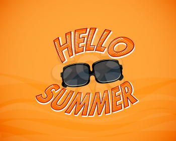 Yellow vintage background with hello summer and black sunglasses. Vector illustration