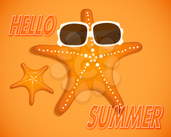 Bright yellow abstract background with the inscription hi summer, white sunglasses and starfish on the sand. Vector illustration