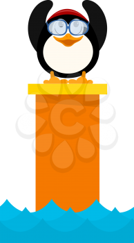 Cartoon colored illustration of a young penguin jumper in the water from a tower. A little penguin child in competitions before jumping. Vector illustration