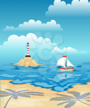 Sailboat in the sea and lighthouse. Tropical beach with palm trees. Rest, travel.Vector illustration.