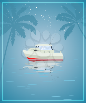 Blue postcard with a ship. Rest in the tropics. Vector illustration.