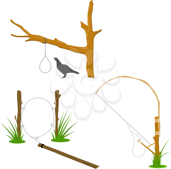 Set of hunting traps. Metal hinges on the tree - hunting traps on a white background. Vector illustration
