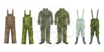 Set of overalls for hunting and fishing with boots. Vector illustration