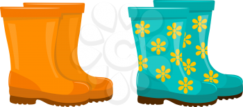 Set of colored rubber boots on a white background. A garment for the garden, vegetable 
garden and farm. Vector illustration