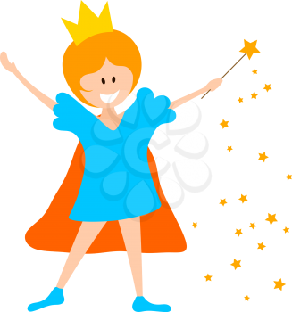 Little girl in the crown and with a magic wand on a white background. A young enchantress princess conjures a magic wand. Vector illustration