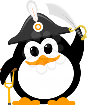 Abstract cute penguin in a pirate costume on a white background. Flat style child penguin in hat, with crutch and saber. Vector illustration
