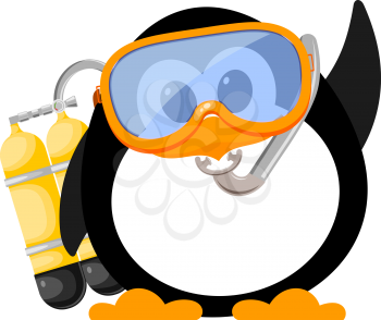 Abstract image of a cute penguin with a mask and scuba. Cartoon style kid penguin on the beach. Symbol of vacations and summer holidays. Vector illustration