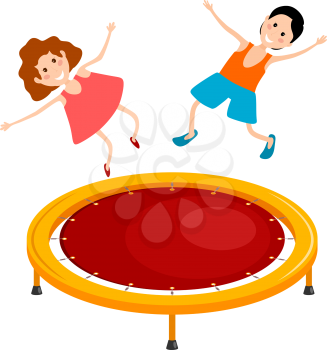 Abstract cartoon illustration of a bright colored trampoline and children on a white background. Playing children in the air. Vector illustration