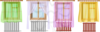 A set of cartoon colored image of window curtains and radiators on a white background. Element of decor. Vector illustration