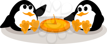 Concept of a sundial. Abstract image of two small penguins near a sundial on a white background. Children penguins near the old clock. Vector illustration